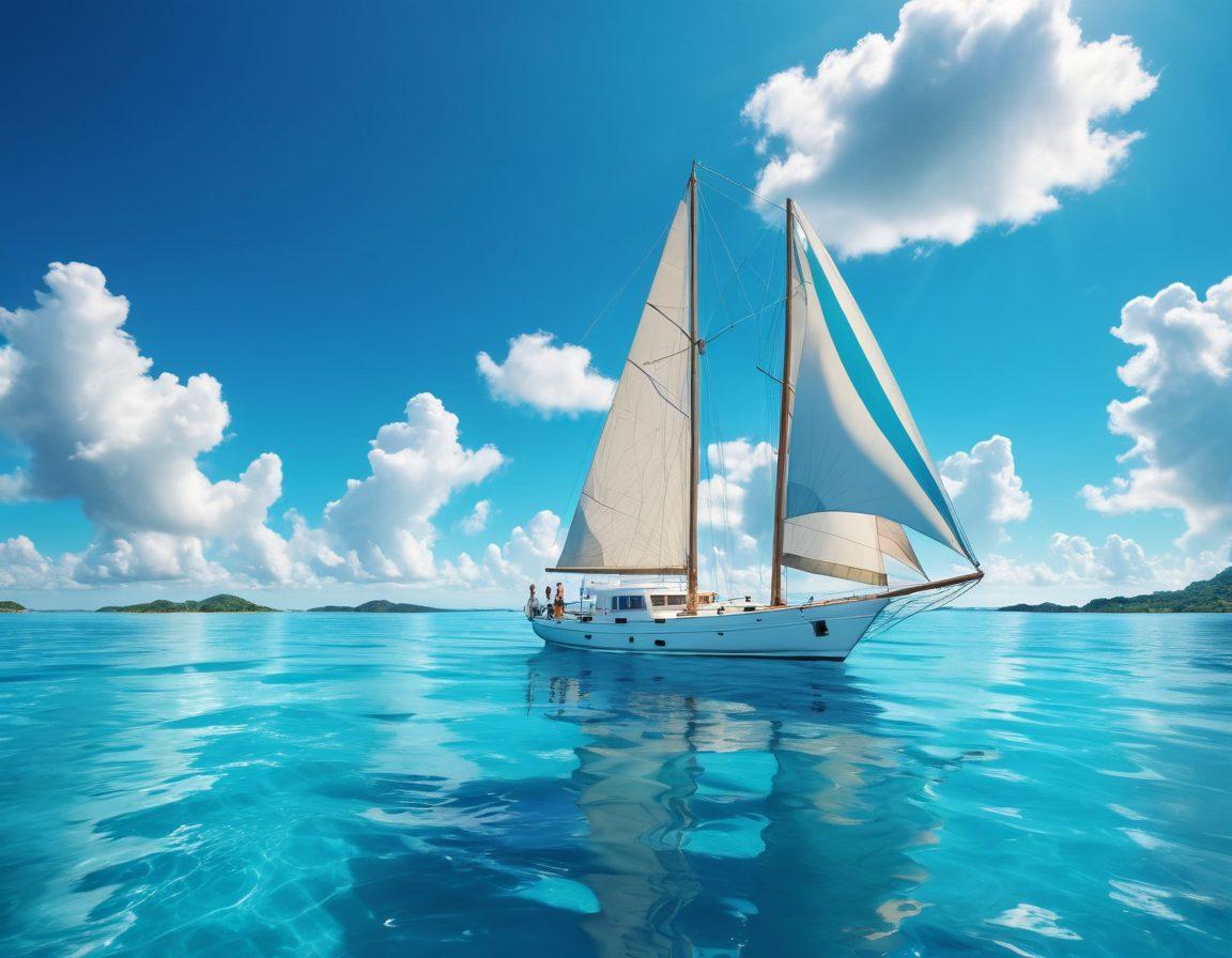 A serene yacht sailing across crystal-clear turquoise waters, framed by a bright blue sky with fluffy white clouds. The image incorporates visual elements of insurance, like floating shields and anchors made of paper, representing various coverage plans. In the foreground, a couple examines a nautical map with joy, symbolizing adventure and exploration. The scene conveys tranquility and security on the open water. super-realistic. vibrant colors. 3D.