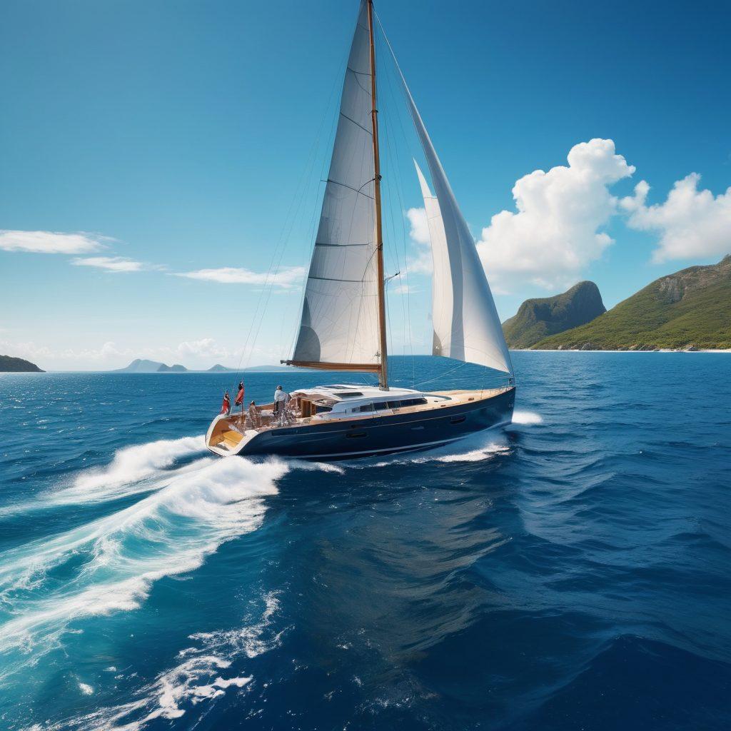 A stunning yacht navigating through azure waters, with a clear sky above and distant islands in the background. Overlay the image with symbols of vessel insurance and liability, like shields and documents, subtly blending into the waves. Include figures of diverse sailors aboard, celebrating safety and adventure. The scene should radiate a sense of tranquility and excitement, embodying the spirit of sailing. super-realistic. vibrant colors. 3D effects.