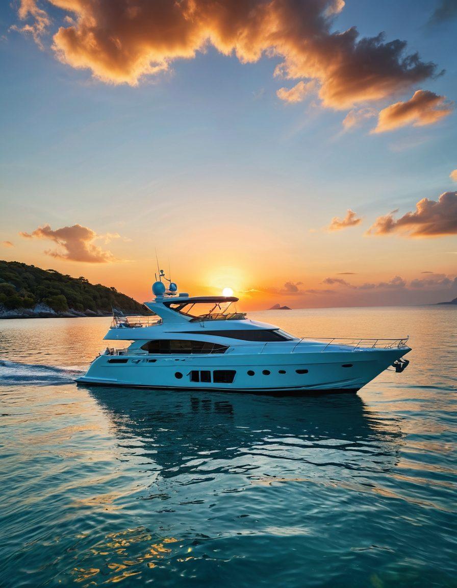 A serene yacht anchored in crystal clear turquoise waters, surrounded by vibrant coral reefs and tropical islands. The yacht is equipped with advanced protection gear like durable covers and smart anti-theft devices, showcasing their features in a subtle yet engaging way. A bright sun casts shimmering reflections on the water, while a distant sunset paints the sky in warm hues. Include elements of adventure like a diver in the water and a sailor on board. super-realistic. vibrant colors. peaceful seaside background.